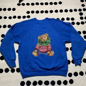 Vintage Sweatshirt Womens M Blue Teddy Bear Ugly Christmas 90s 80s USA Retro Top